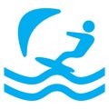 Blue and white vector graphic of a map symbol for board based water activities. It consists of a blue silhouette of a windsurfer