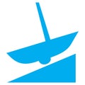 Blue and white vector graphic of a map symbol for a slipway. It consists of a blue silhouette of a sailing boat on a simple ramp