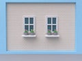 Blue white wall brick two windows and pink flower-pot cartoon style 3d render Royalty Free Stock Photo