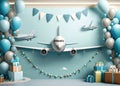 A Blue And White Wall With A Plane And Balloons And A Banner That Says \" Air France \".