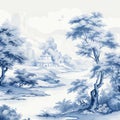 Blue And White Wall Of Trees: A Calm And Meditative Toile Design