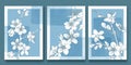 Blue, white watercolor soft backgrounds with hand drawn cherry blossoms, branches, sakura flowers. Gift cards, weddind