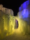 Blue, white, and yellow colored lighted icicles