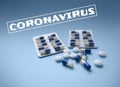 Blue and white with yellow medical pills and tablets on a blue background with word: Coronavirus