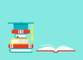 Blue wide background with stack of books and graduation cap or mortar board Royalty Free Stock Photo