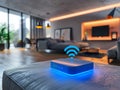 Blue WiFi extender icon in a smart home setting
