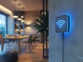 Blue WiFi extender icon in a smart home setting
