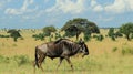 Blue wildebeest gnu antelope walking through open grassland with trees and clouds . Generative Ai Royalty Free Stock Photo