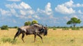 Blue wildebeest gnu antelope walking through open grassland with trees and clouds . Generative Ai Royalty Free Stock Photo