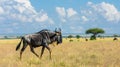 Blue wildebeest gnu antelope walking through open grassland with trees and clouds . Generative Ai Royalty Free Stock Photo