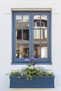 Blue window frame with planter box Royalty Free Stock Photo