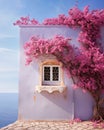 blue window of typical white house in greek island, pink bougainvillea in santorini