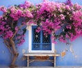 blue window of typical white house in greek island, pink bougainvillea in santorini