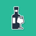 Blue Wine bottle with glass icon isolated on green background. Vector Royalty Free Stock Photo