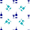 Blue Wine bottle with glass icon isolated seamless pattern on white background. Vector Illustration Royalty Free Stock Photo