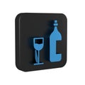 Blue Wine bottle with wine glass icon isolated on transparent background. Happy Easter. Black square button. Royalty Free Stock Photo