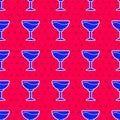 Blue Wine glass icon isolated seamless pattern on red background. Wineglass sign. Vector Royalty Free Stock Photo