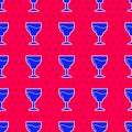 Blue Wine glass icon isolated seamless pattern on red background. Wineglass sign. Vector Royalty Free Stock Photo