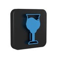 Blue Wine glass icon isolated on transparent background. Wineglass sign. Black square button. Royalty Free Stock Photo