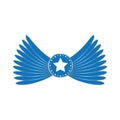 Blue wings emblem with star in circle. Angel wings with star vector eps10.