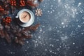 Blue winter background with fir pine branches red berries and clock cup of coffee empty copy space Royalty Free Stock Photo