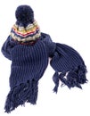 Blue winter scarf with knit hat isolated on white background Royalty Free Stock Photo