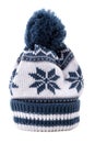 Blue winter knitted ski hat isolated on white background vertical Royalty Free Stock Photo