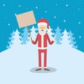 Blue winter landscape background with full body caricature of santa claus with a wooden sign poster Royalty Free Stock Photo