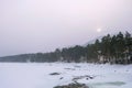 Blue winter mountain misty river. Snow frozen pine trees Idyllic landscape. Travel day Frost winter season. Royalty Free Stock Photo