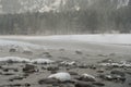 Blue winter mountain misty river. Snow frozen pine trees. Travel day Frost winter season Royalty Free Stock Photo