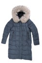 Blue winter women`s down jacket with a fur collar. Isolate on wh