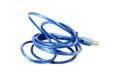 blue wire cable of usb and adapter isolated on white background.Electronic Connector.Selection focus.Clipping path Royalty Free Stock Photo