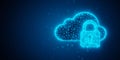 Blue wireframe cloud and padlock objects shapes over blue gradient background, network or internet security or safety concept Royalty Free Stock Photo