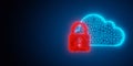 Blue wireframe cloud with red low polygon padlock objects shapes over blue gradient background, network or internet security or Royalty Free Stock Photo