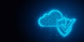 Blue wireframe cloud and shield with checkmark objects shapes over blue gradient background, safe or secure network or internet Royalty Free Stock Photo