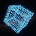 Blue wireframe hypercube also known as a tesseract floats in a dark Royalty Free Stock Photo