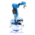 Blue wireframe robotic arm