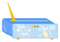 Blue wireless router with lights and antenna. Home internet equipment, network connection device. Modern technology and