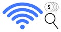 Blue wireless signal with magnifying glass and dollar stack illustrating digital connectivity and value Royalty Free Stock Photo