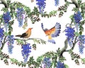 Blue wisteria tree and birds