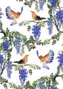 Blue wisteria tree and birds