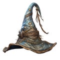 The blue wizard hat is cut out on a transparent background in PNG format. Magic and sorcery concept. Hat to insert into