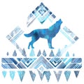 Blue Wolf Howling Silhouette with Geometric Native American Patterns Royalty Free Stock Photo