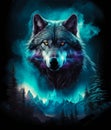 Blue neon wolf in the mountains on black poster illustration.