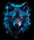 Blue neon wolf on black poster illustration.