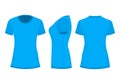 Blue woman`s t-shirt in back, front and side views
