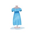 Blue women dress with short sleeves on mannequin. Fancy female wear of victorian era. Exhibit of historical museum. Flat