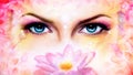 blue women eyes beaming up enchanting from behind a blooming ro Royalty Free Stock Photo