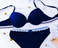 Blue women underwear isolated on white background. blue bra and pantie.Copy space