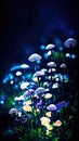 A Blue Wonderland: An Enchanting Display of Mushrooms and Flowers Against a Vibrant Background